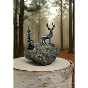 Pewter Stag and Tree on Pyrite Crystal Rock